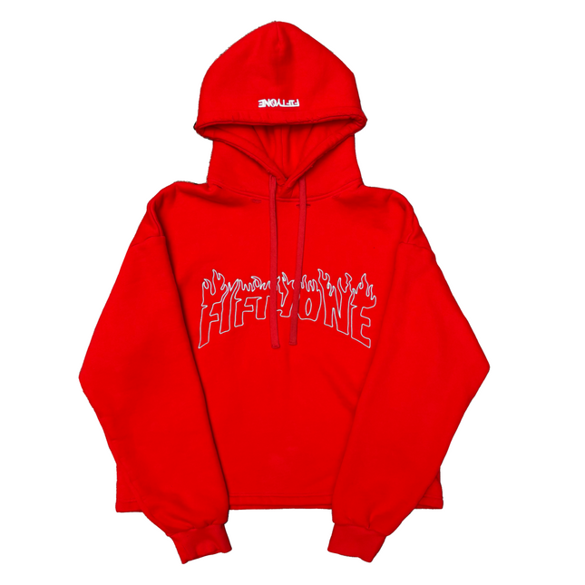 Red Fiftyonebrand thrashed hoodie, flat lay, close up on graphic