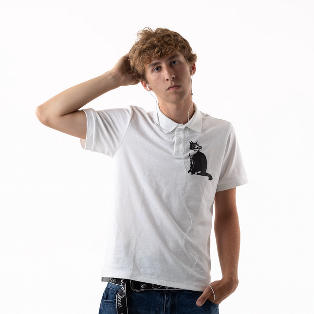 Boy wearing white Fiftyonebrand Uniform Polo with black cat graphic