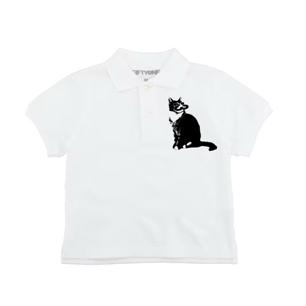 White Fiftyonebrand Uniform Polo with black cat graphic, flat lay