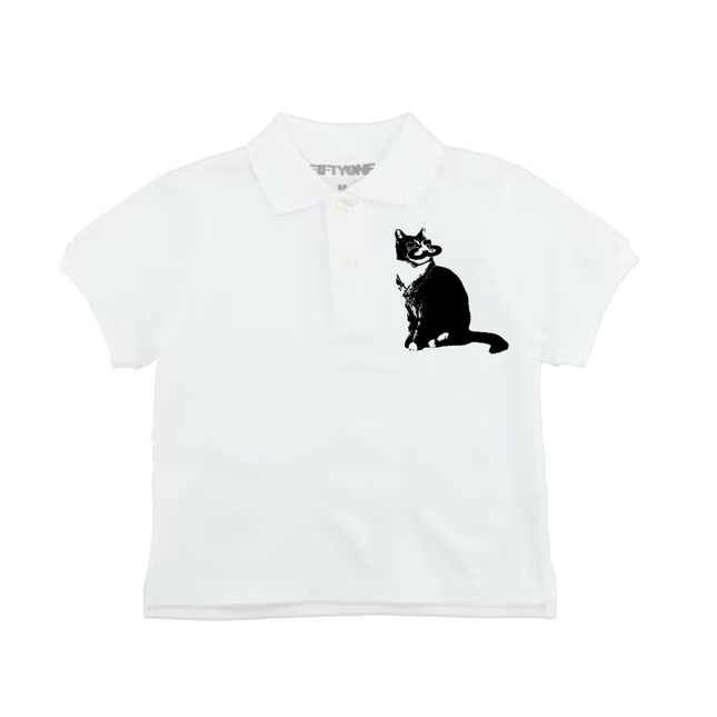 White Fiftyonebrand Uniform Polo with black cat graphic, flat lay